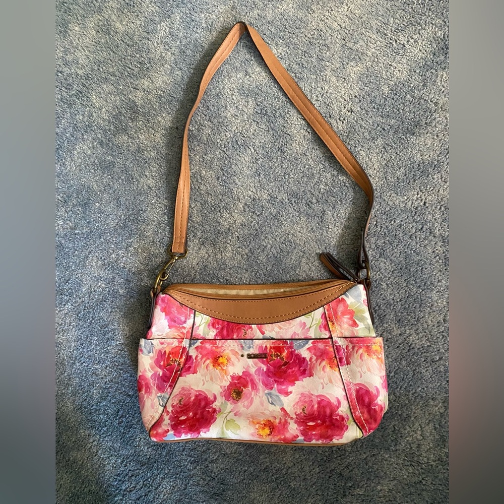 Rossetti flowered purse. Pink/brown trim. Zippers, Inner pockets. NWOT. Nice